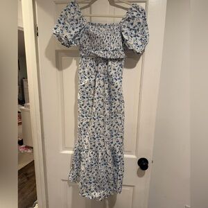 H&M Blue Floral Smocked Dress Nursing Puff Sleeve Dress XS